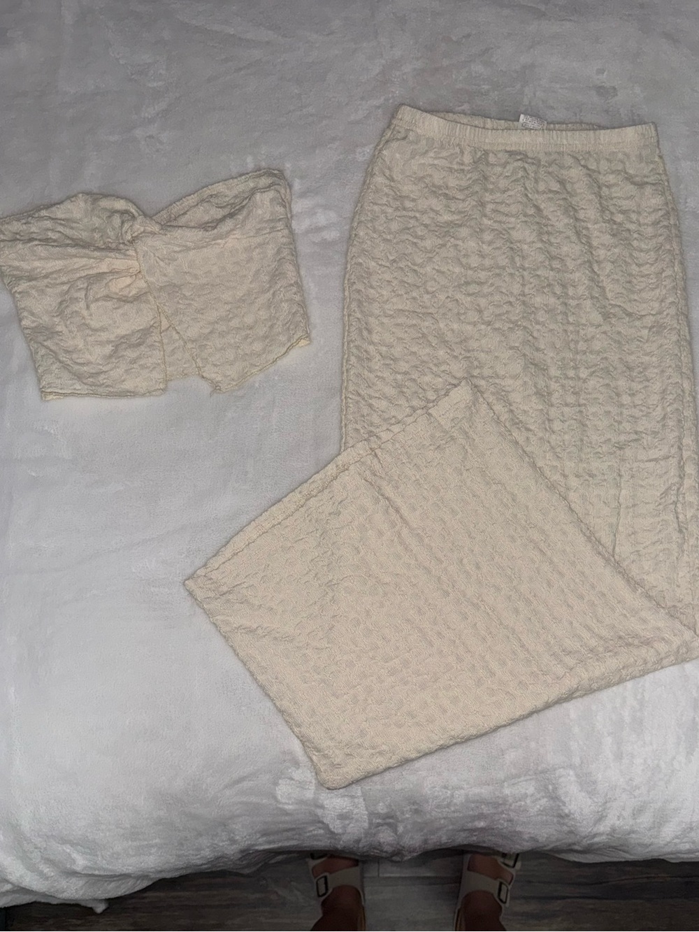 SHEIN Cream Textured Knit Wide-Leg Pants